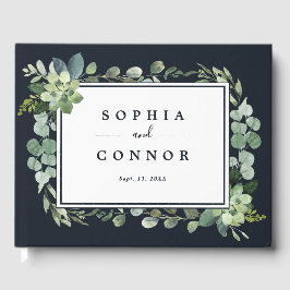 Midnight Navy Blauw Succulent Bruiloft Gastenboek