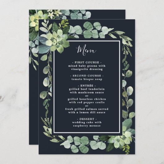Midnight Navy Blauw Succulent Bruiloft Menu (Voorkant / Achterkant)
