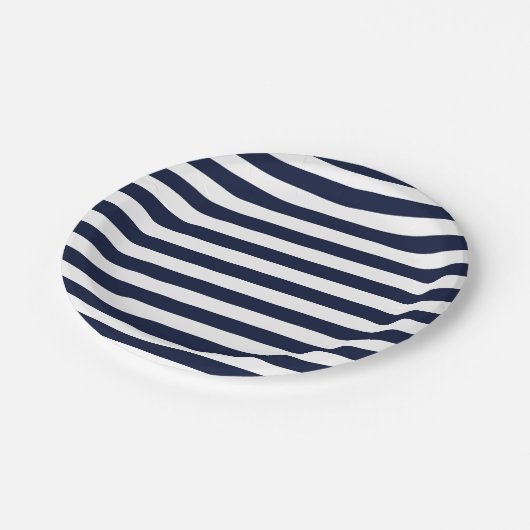 Midnight Navy Blauwe en Witte Strepen Papieren Bordje (Gekanteld)