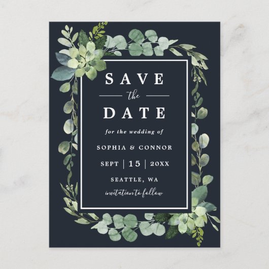 Midnight Navy Blue Succulent Bruiloft Save the Dat Aankondigingskaart (Voorkant)