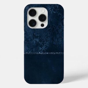 Midnight Navy Romance   Blue Satiny Grunge Damask iPhone 15 Pro Case