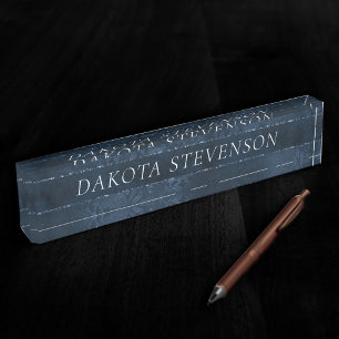 Midnight Navy Romance   Blue Satiny Grunge Damask Naambordje