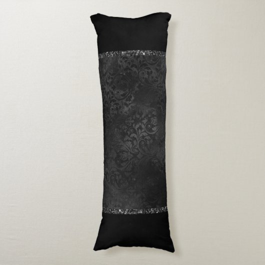 Midnight Onyx Romance | Black Satiny Grunge Damask Lichaamskussen (Voorkant Verticaal)