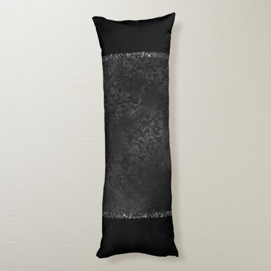 Midnight Onyx Romance | Black Satiny Grunge Damask Lichaamskussen (Achterkant (Verticaal))