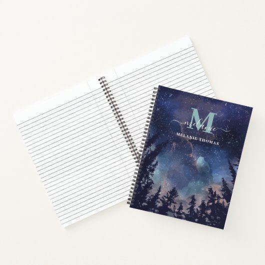 Midnight Sky Forest aangepaste naam Monogram Notitieboek (Binnen)