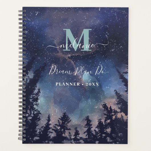 MIdnight Sky Forest Aangepaste naam Monogram Planner (Voorkant)