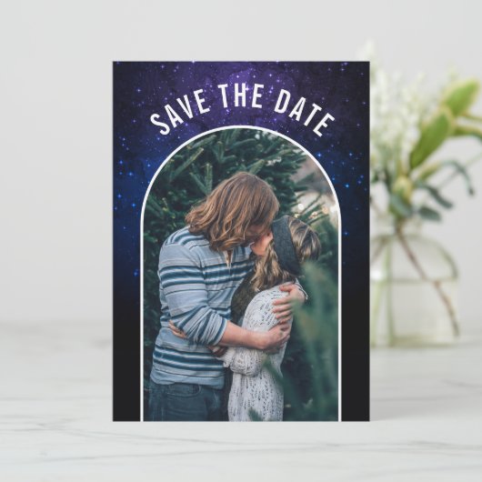 Midnight Sky & Shining Stars Galaxy Bruiloft Save The Date (Staand voorkant)