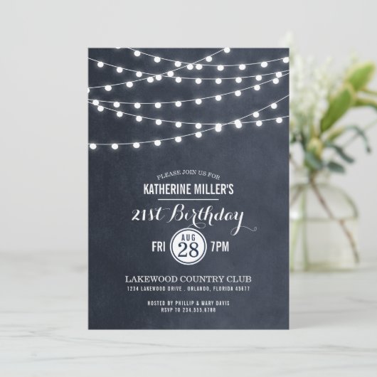 Midnight String Lights 21e anniversaire Invitation (Debout devant)