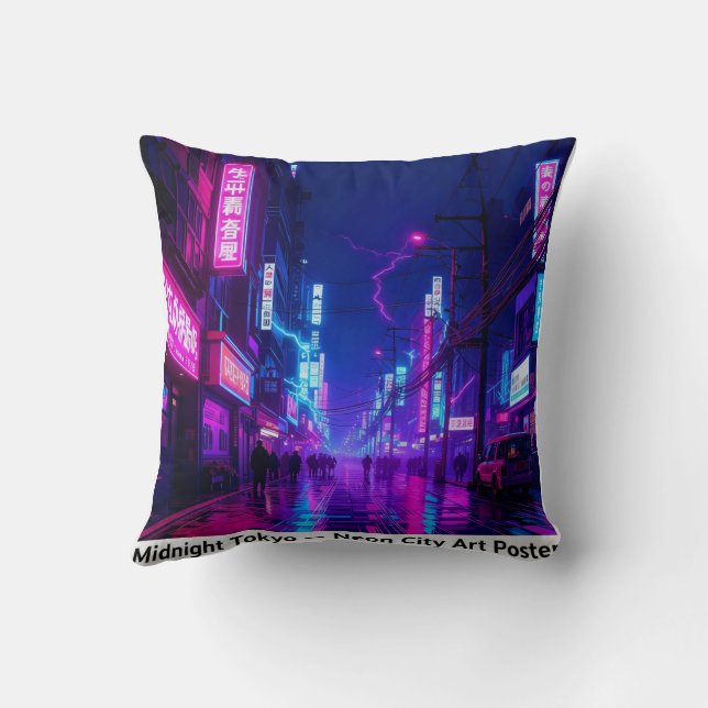 Midnight Tokyo — Neon Cyberpunk Throw Pillow Kussen (Achterkant)