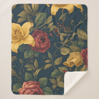 Midnight Victorian Floral – Yellow Lilies & Roses Sherpa Deken