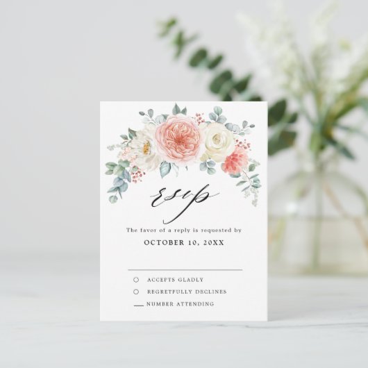 Midsummer Peach Pastel Roze Bloemen Huwelijk RSVP Briefkaart (Staand voorkant)