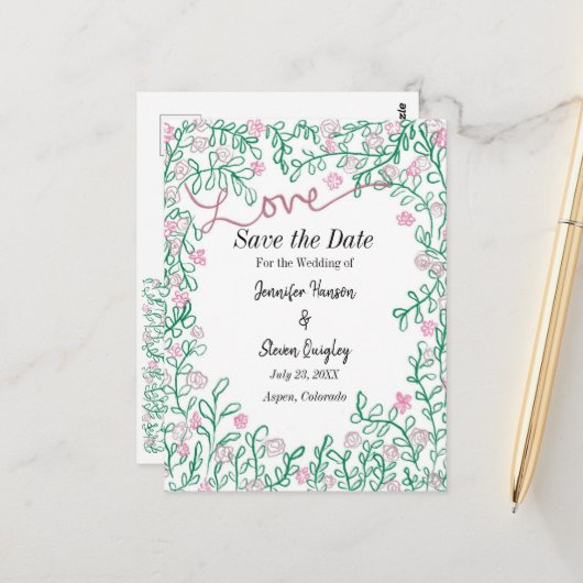 MidSummer Wedding Save the Date Floral Briefkaart (Voorkant / Achterkant in situ)