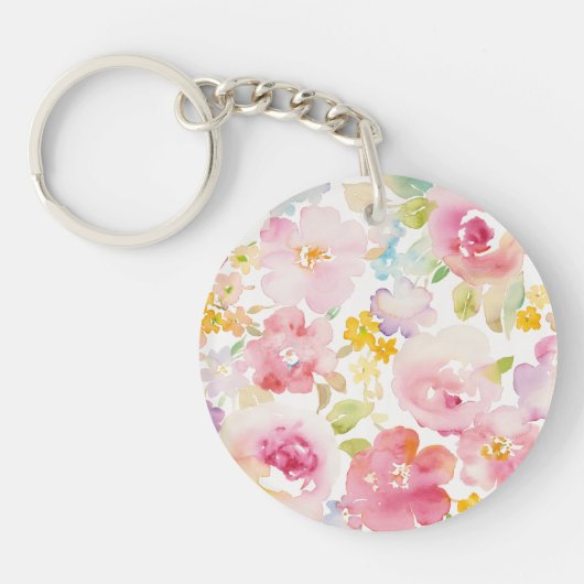 Midzomer | Waterverf Roze Floral Sleutelhanger (Voorkant)