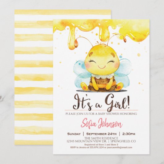 Miel Bee Baby shower Girl Invitation (Devant / Derrière)