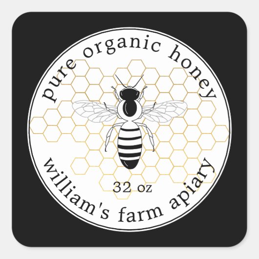 Miel Jar Étiquette Bee Apiary Gold Honeypeb Noir (Devant)