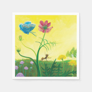 Mier en blauwe vlinder op bloemrijke weide servet