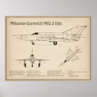 MiG-21 bis - Vliegtuigblauwdruk Plannen SD Poster