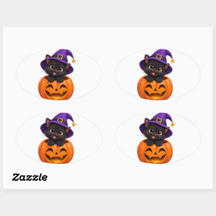 Mignon autocollant de chat noir Halloween sorcière