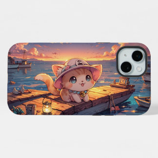Mignon Chat Chibi au coucher de soleil du port – F