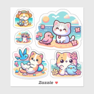Mignon chat de plage kawaii Autocollant vinyle sur