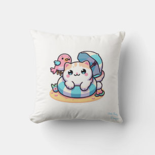 mignon chat kawaii à la plage Coussin de jet