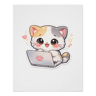 Mignon Chat Kawaii Travaillant sur une Affiche d'O