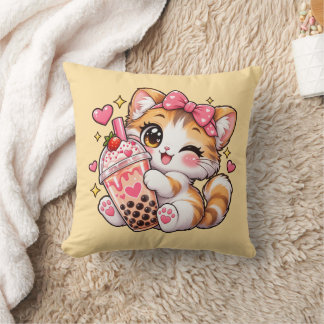 Mignon Coussin Kawaii Chat Tenant du Bubble Tea