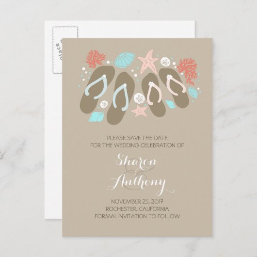 Mignon faire-part de mariage à la plage avec des t (Devant / Derrière)