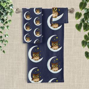 Mignon Hibou Brun Croissant Étoiles Bleu
