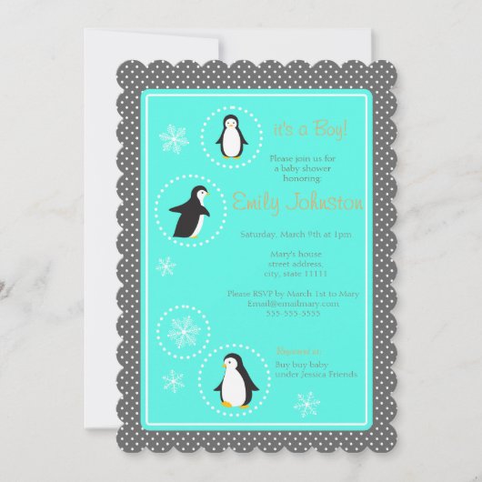 mignon pingouins garçon baby shower invitation (Devant)