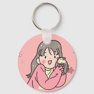 Mignon porte-clés fille anime étreignant un opossu
