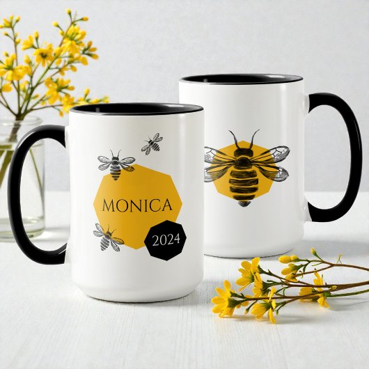 Mignonne Bee Yellow Honeycomb Nom Année Mug pour a