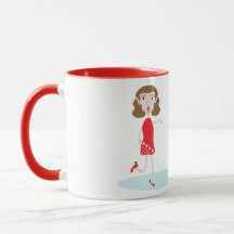 mignonne caricature femme et chatte tasse