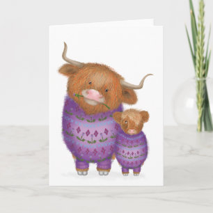 Mignonne carte blanche mère et bébé vache Highland