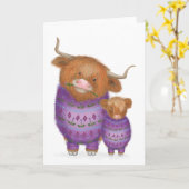 Mignonne carte blanche mère et bébé vache Highland (Fleur jaune)