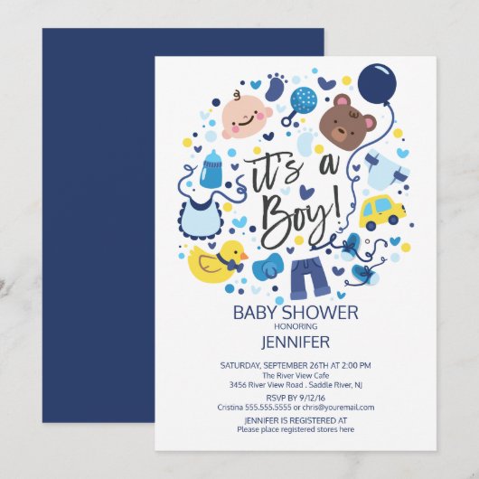 Mignonne C'est un garçon ! Invitation Baby shower (Devant / Derrière)