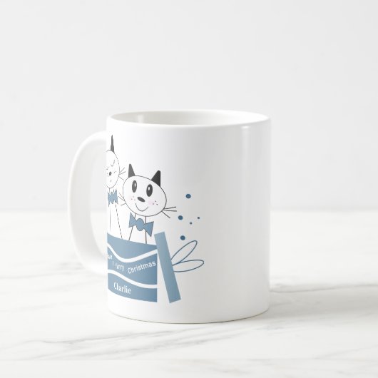 Mignonne Chat Noël présente Mug (Vert Bleu) (Devant gauche)