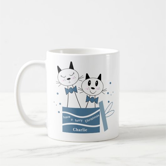 Mignonne Chat Noël présente Mug (Vert Bleu) (Gauche)