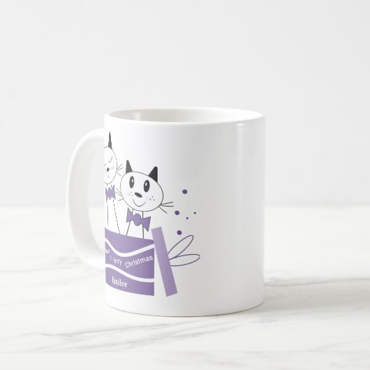 Mignonne Chat Noël Présente Mug (Violet) (Devant gauche)