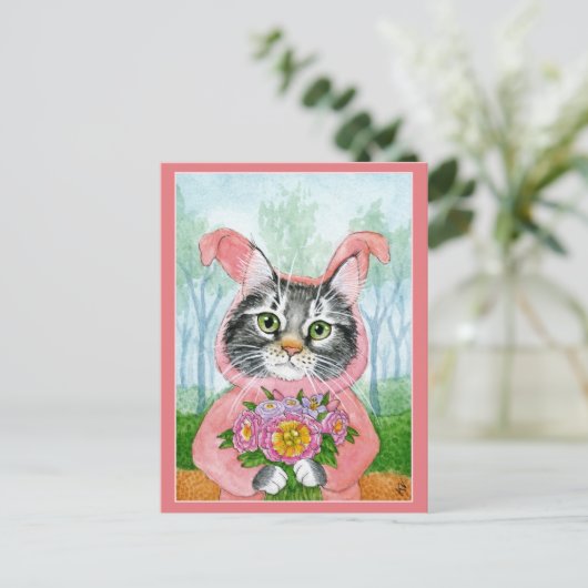 Mignonne chatte beignets fleurs rose carte postale (Debout devant)