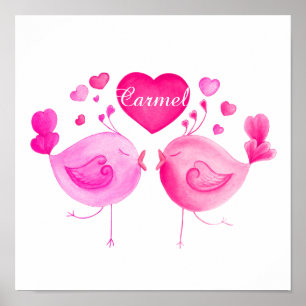 Mignonne deux oiseaux embrassant rose nom affiche