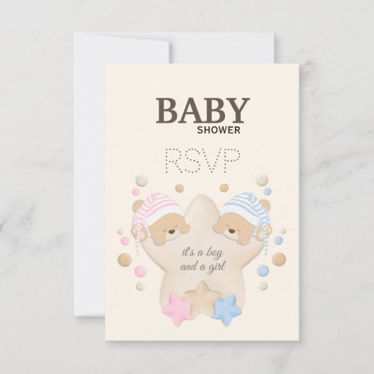 Mignonne dormant Teddy Bear Twins Baby shower RSVP (Devant)