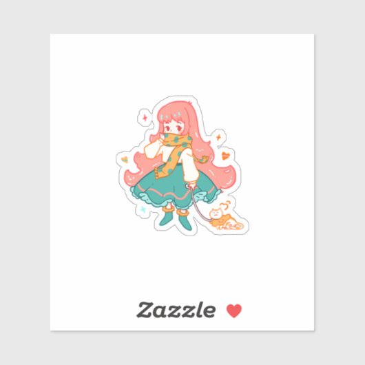 Mignonne fille anime chibi pastel avec autocollant (Feuille)