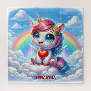 Mignonne fille licorne avec coeur sur un puzzle de