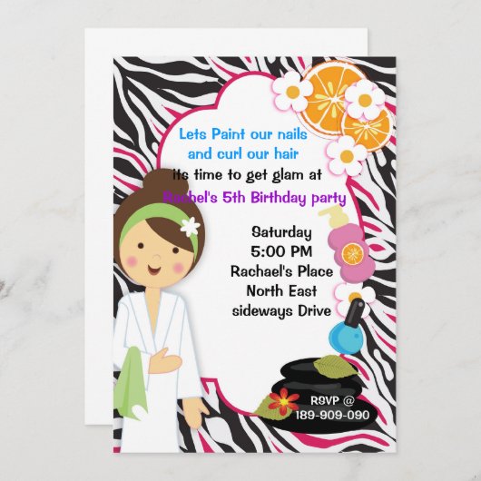 mignonne fille Pink Zebra spa de fête invitation (Devant / Derrière)
