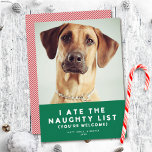 Mignonne Funny Naughty List Animal Carte photo<br><div class="desc">Ce drôle de carte photo de vacances met en vedette un arrière - plan vert festif avec l'accueil "J'ai mangé la liste coquine (vous êtes les bienvenus)" et une photo. Ce design s'adapte à une seule photo carré sur le devant de la carte. À l'envers, il y a un arrière...</div>