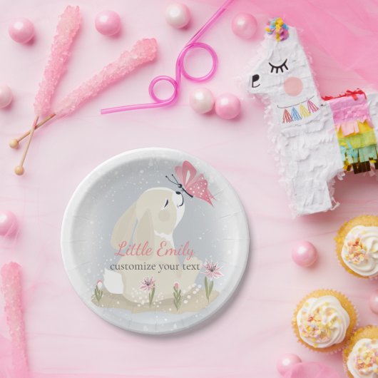 Mignonne lapin et papillon. Assiette en Papier. (Fête)
