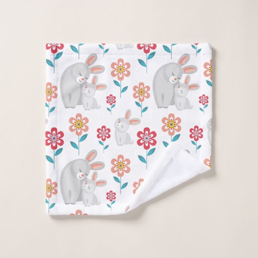 Mignonne lapin mère et lapin, fleurs motif (Gant de toilette)