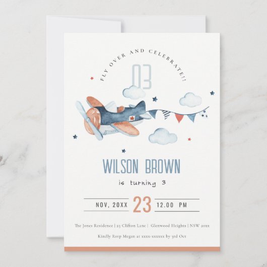 Mignonne Navy survolent Plane Garland Invitation d (Devant)