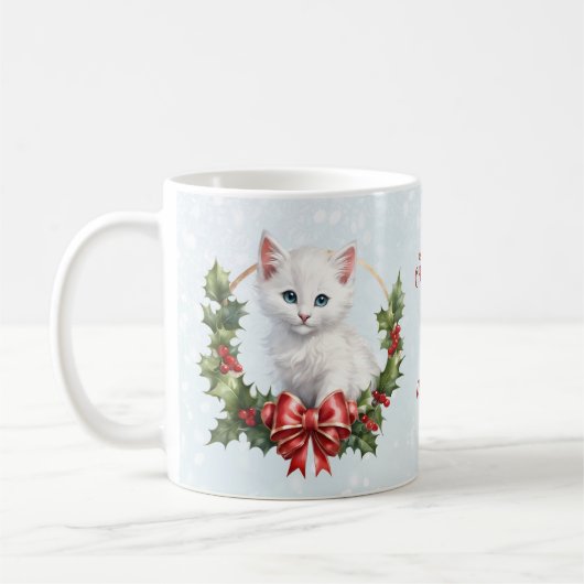 Mignonne Noël Kitten Chat Neige Bleu Nom Mug (Gauche)
